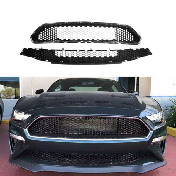 Upper + Lower Grille Compatible with 2018-2022 Ford Mustang Black Honeycomb Style Bumper Grill