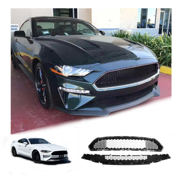 Upper + Lower Grille Compatible with 2018-2022 Ford Mustang Black Honeycomb Style Bumper Grill